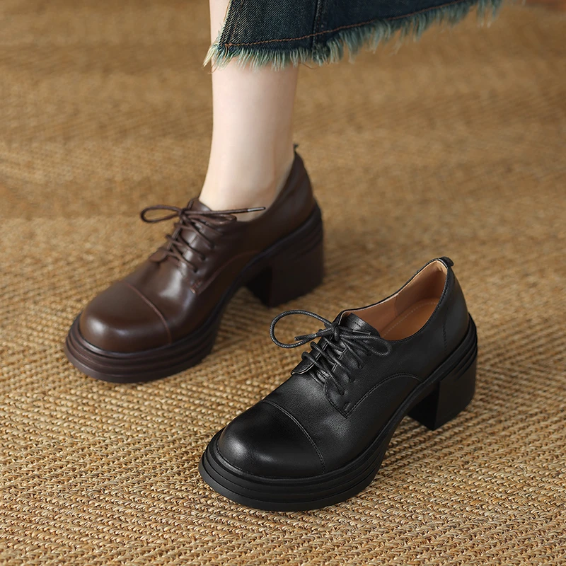 菓苒7.5cm粗跟系带学院风高跟单鞋黑色厚底女鞋中跟春季小皮鞋女