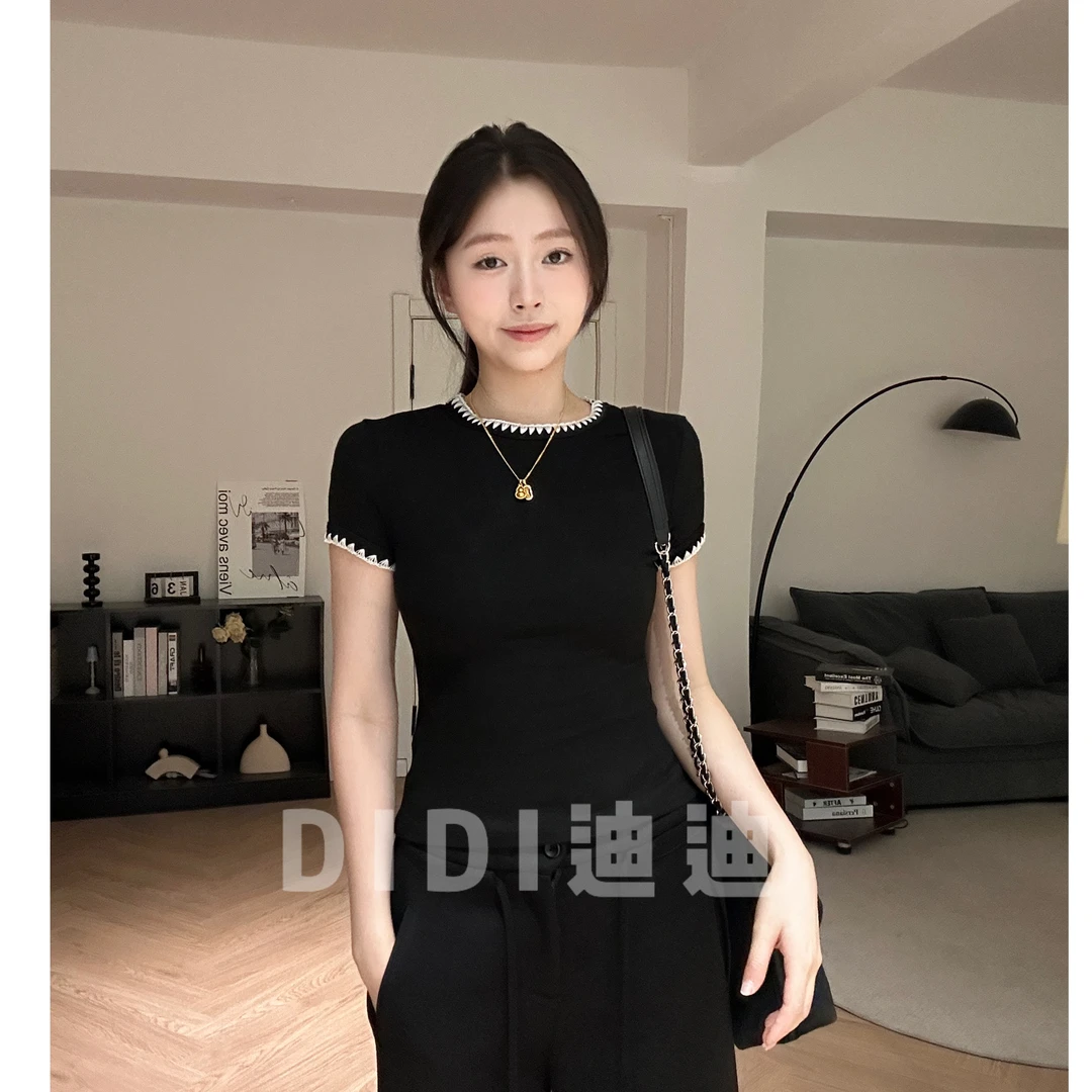 【DIDI】夏季爆款正肩修身T恤撞色刺绣短袖显瘦女上衣