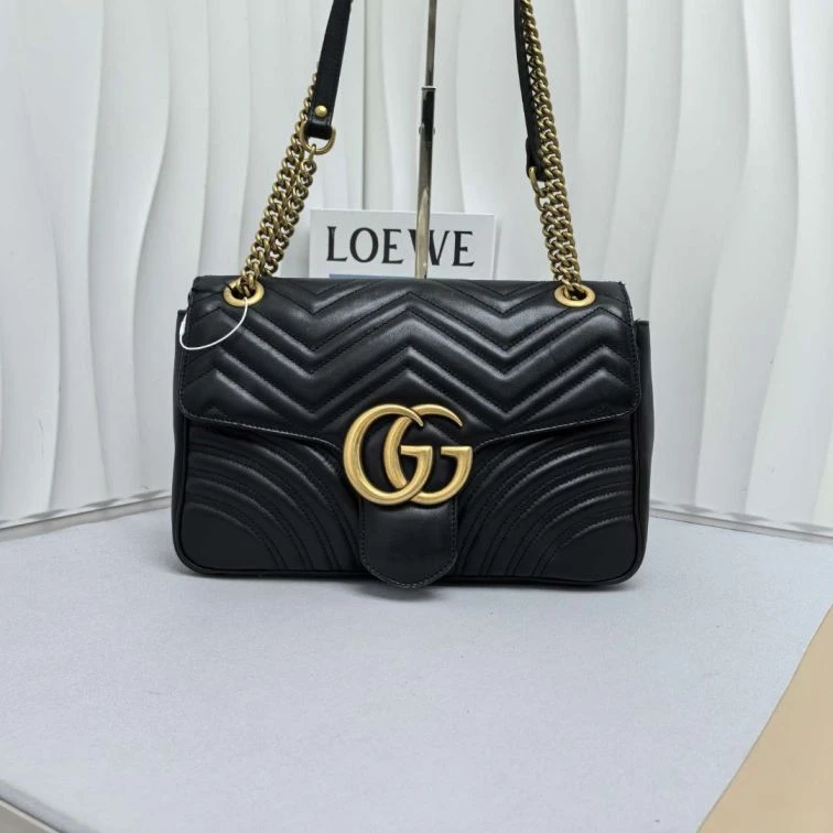 95新 GUCCI/古驰 黑金马蒙30链条包单肩女包14790293二奢
