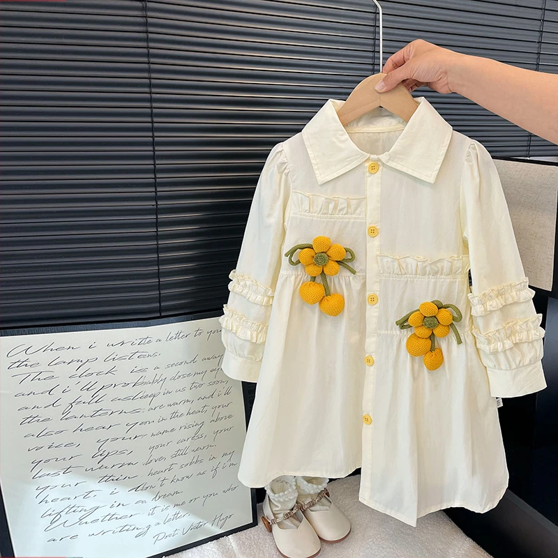 女童春秋新款衬衫中长款连衣裙春装泡泡袖立体欧若风童装