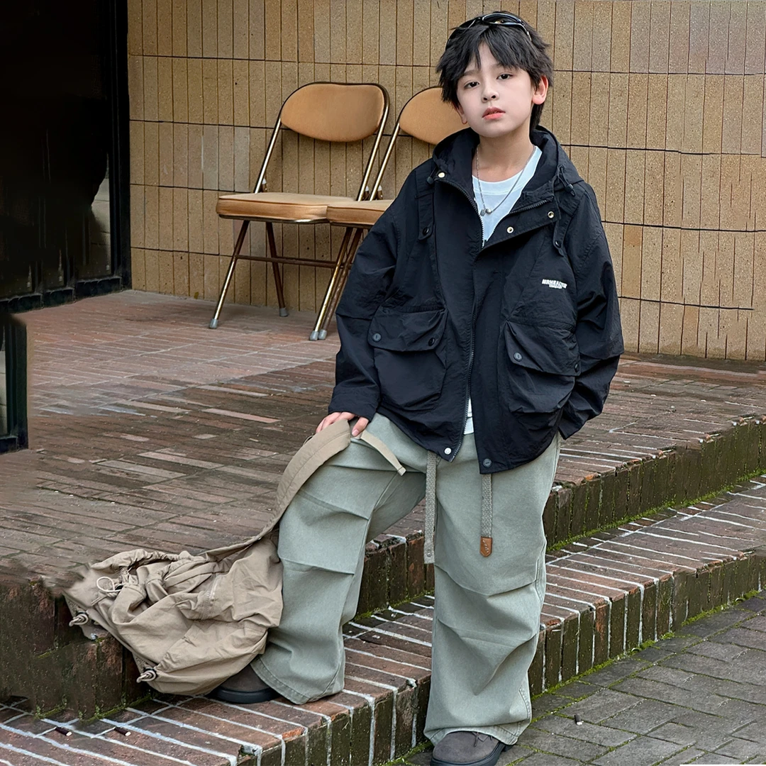 男童连帽休闲风衣外套2025年秋冬新款中大男童夹克外套百搭潮帅气