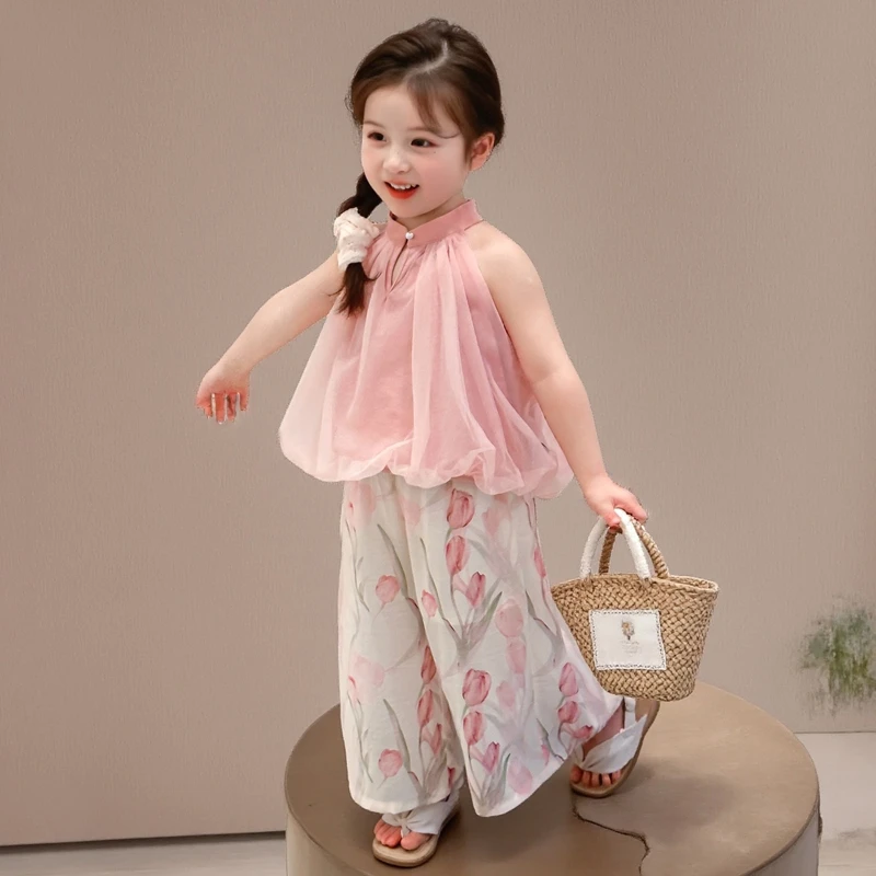 女童套装2025新款夏季女孩韩版洋气时髦无袖两件套女宝宝小童夏装