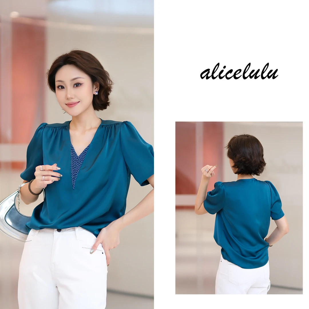 1[alicelulu] 气质V领钉珠衬衫女夏季新款显瘦时尚上衣 S2142732A