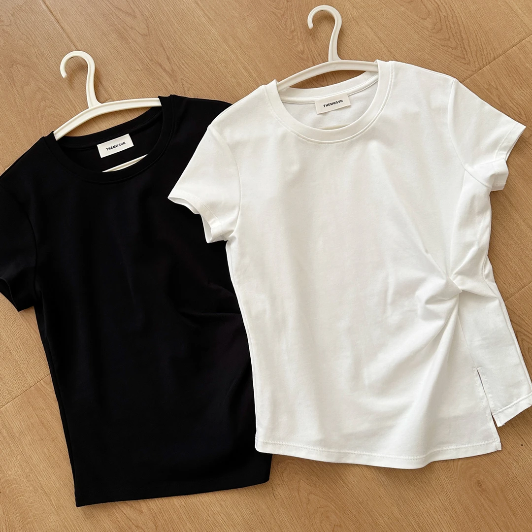 【王小姐】圆领“打结t” 抽褶不规则短袖t恤