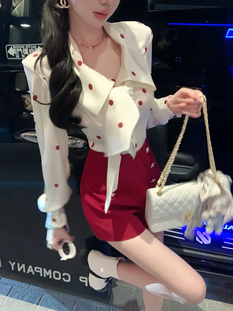 【雅乔定制】甜酒波尔卡 高级感收腰蝴蝶结波点白衬衫DYZY-25067672