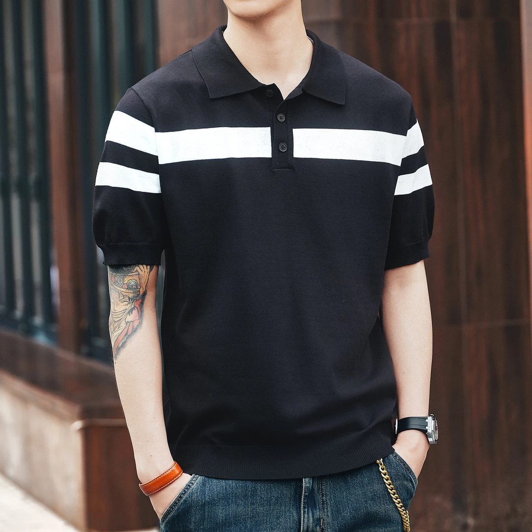 格蓝鹿高端日系条纹拼接短袖Polo衫男夏季新款潮流轻奢翻领保罗衫