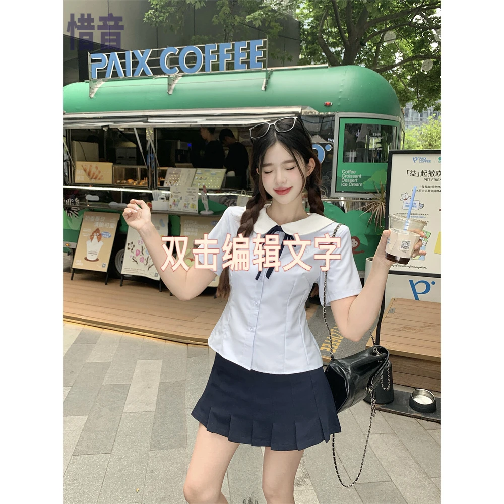 实拍小野学院短袖衬衫jk制服套装收腰衬衫蓝色刺绣款夏