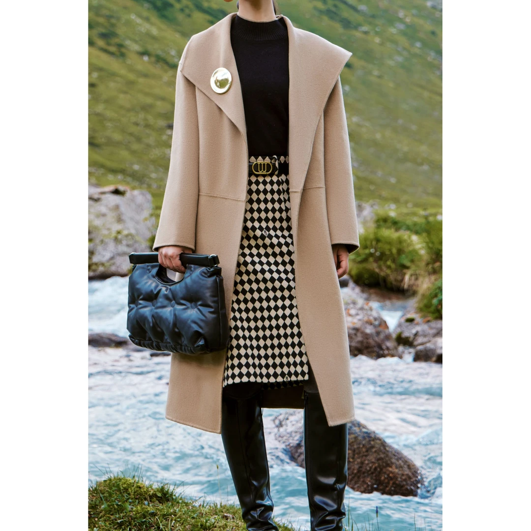 籽言专属洋气双面呢直筒型毛呢外套长款呢子纯色千金风女SA328341