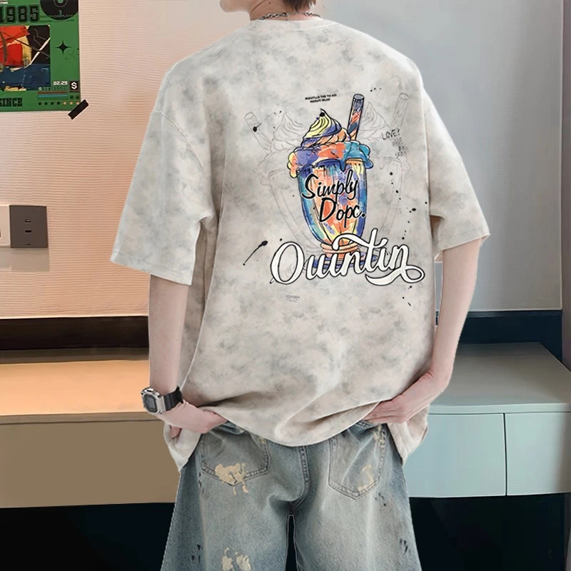 港风扎染纯棉短袖t恤男女同款宽松大码上衣美式潮牌夏装慵懒半袖