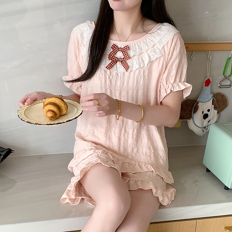 薄款短袖短裤花边夏天睡衣女纯色舒适甜美云朵棉公主风家居服套装