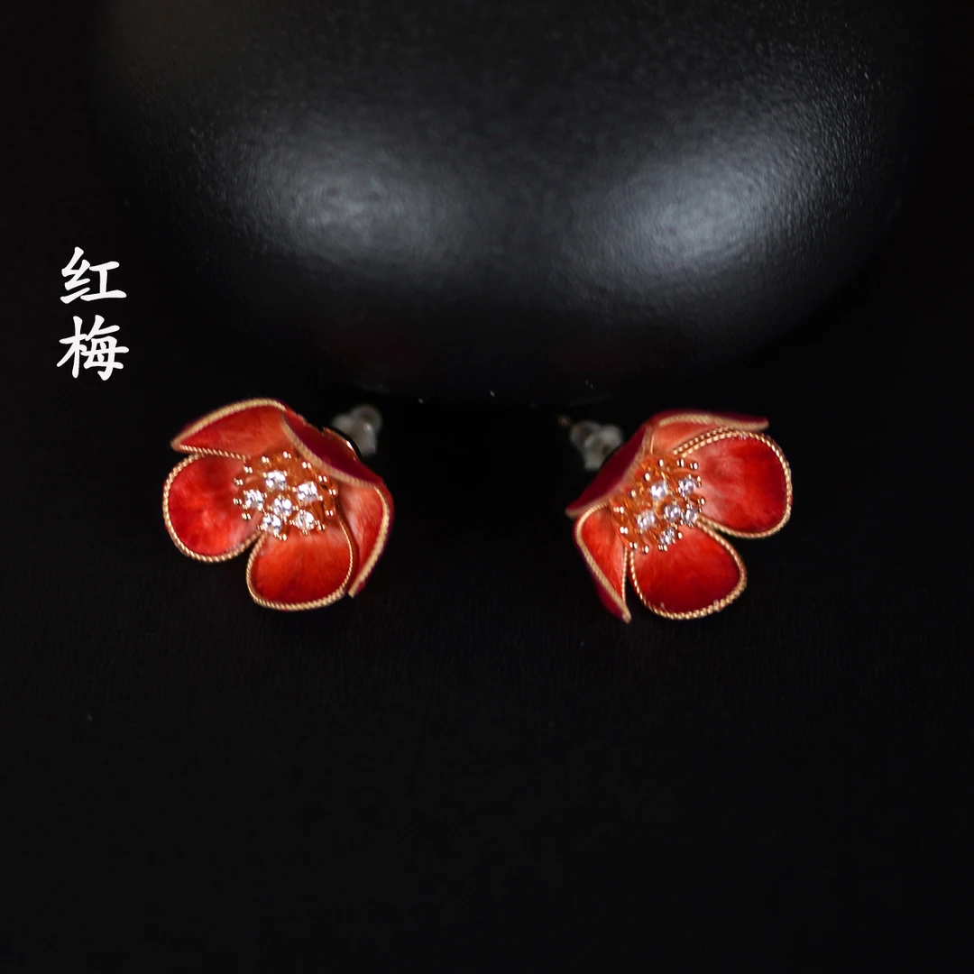非遗绒花丨红梅 纯手工国风新中式绒花掐丝桑蚕丝线耳钉