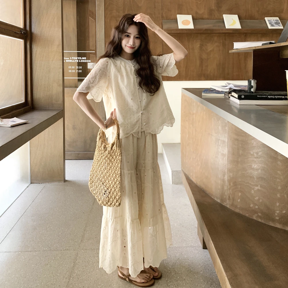 氛围感文艺蕾丝复古刺绣上衣裤裙两件套女装洋气时髦气质2025爆款