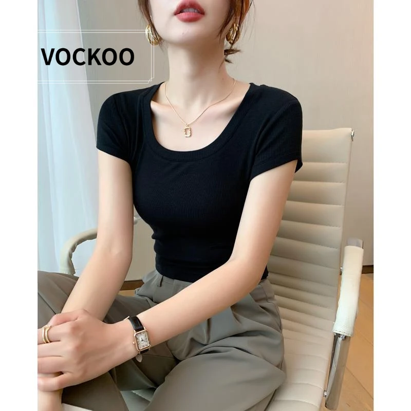 VOCKOO黑色u领针织短袖螺纹t恤女2025年新款夏日多巴胺低领紧身短