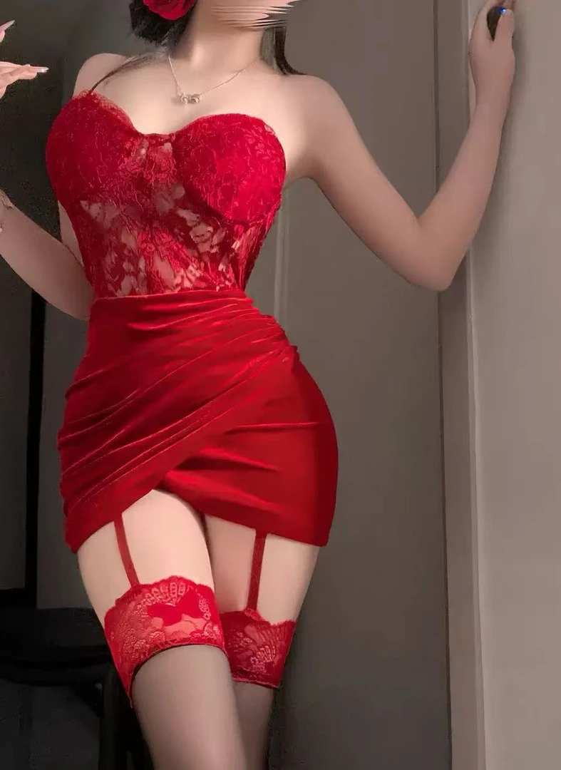 【触感家】法式金丝绒性感拼接蕾丝束腰抹胸裙纯欲内衣9009