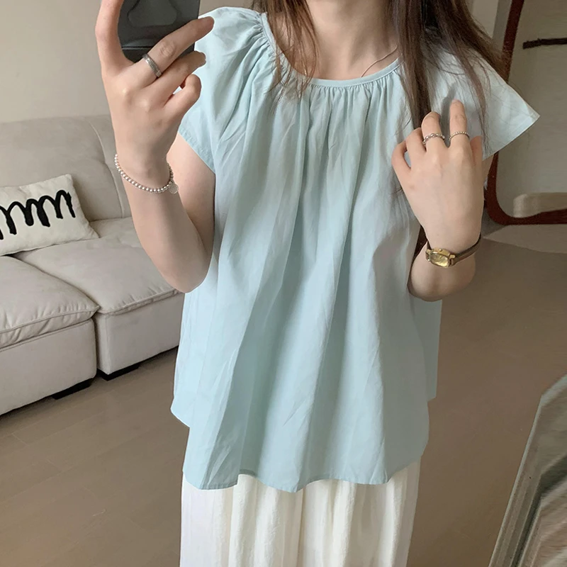 孕妇装韩系飞飞袖衬衫女夏季新款A字版下摆宽松百搭纯色减龄上衣