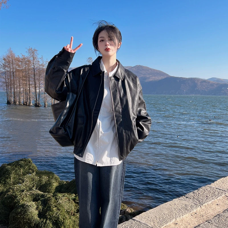 女款2025春秋新款机车风PU皮黑色短款宽松小个子潮流外套夹克秋季