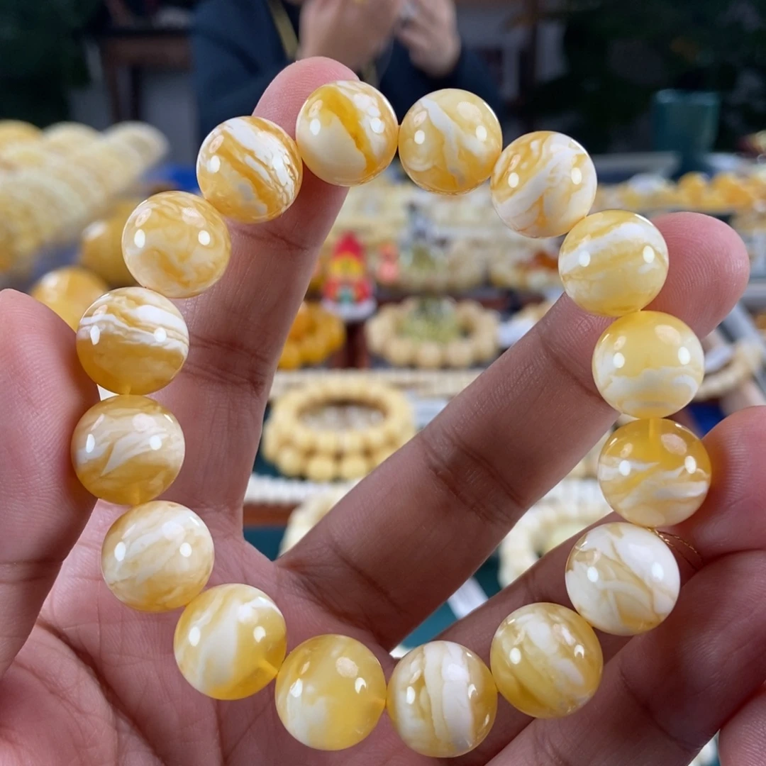 琥珀未镶嵌珠宝奇石13金瓷白虎皮纹手串22.5