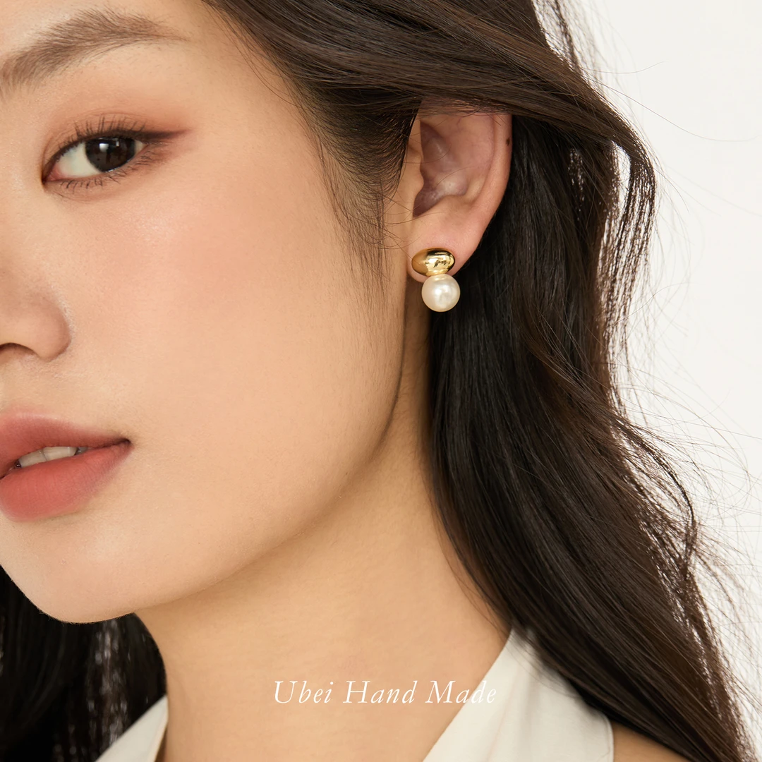 铜合金仿珍珠耳饰 赫本风复古小金豆珍珠耳钉轻奢气质高级感耳饰