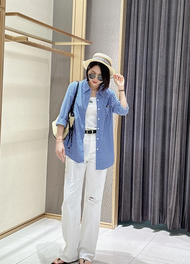 条纹衬衫女宽松休闲长袖上衣时尚