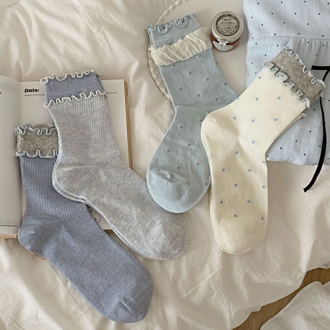 春季薄款日系波点女木耳边中筒袜公主风可爱风袜子女