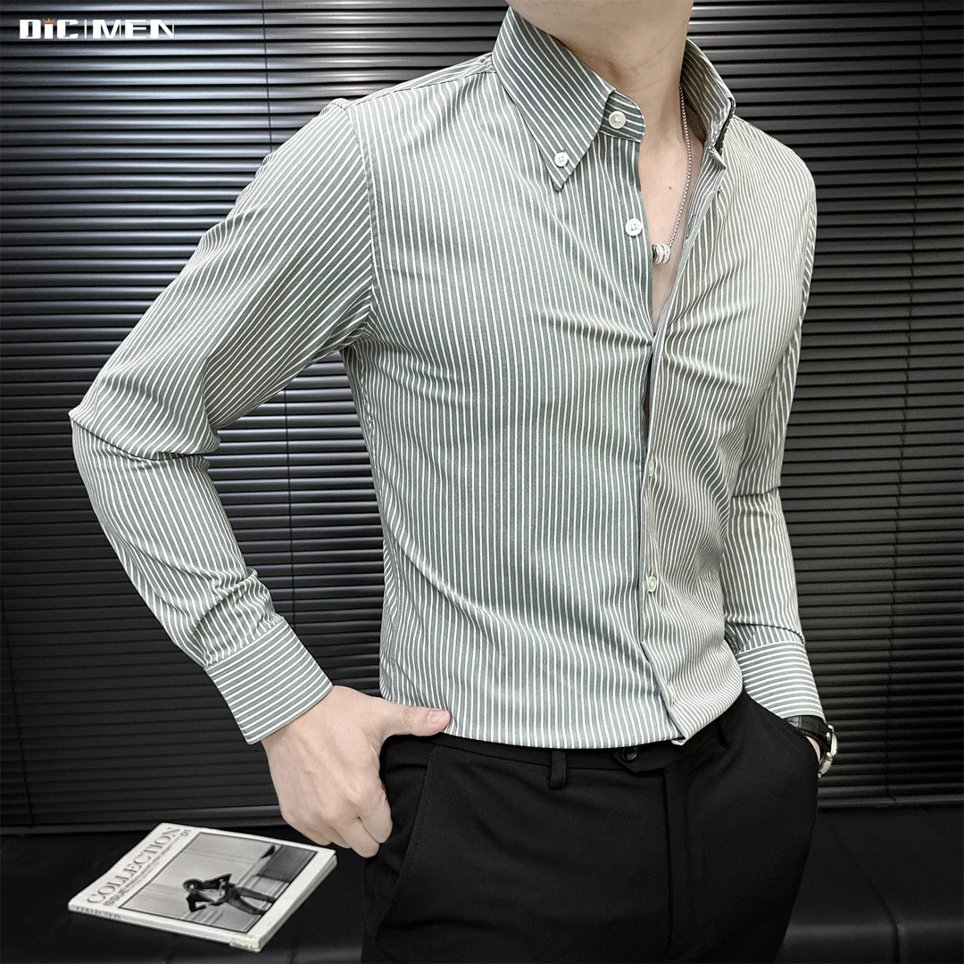 春季尖领条纹衬衫男款长袖商务职业正装百搭修身男士衬衣2025新款