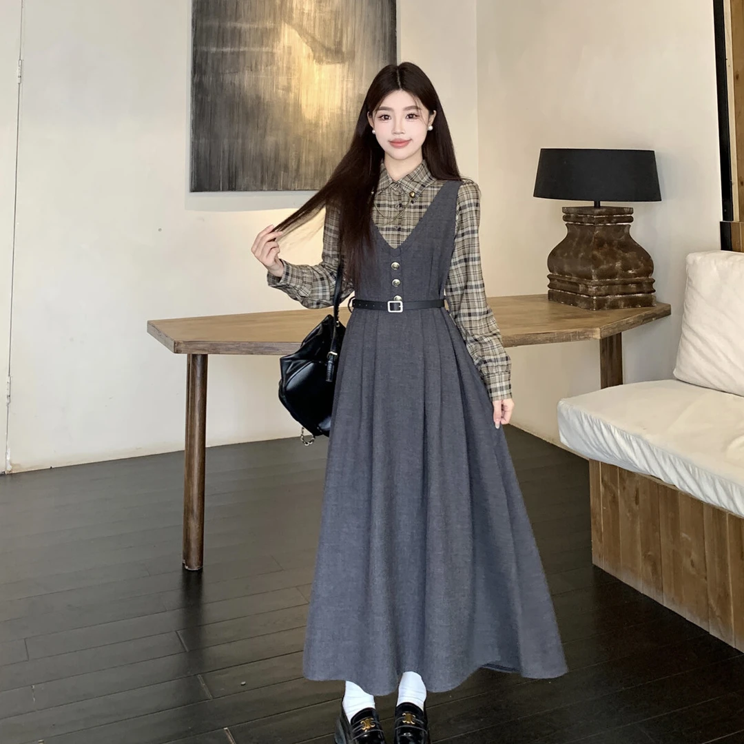 千金减龄感气质小香风呢子假两件连衣裙秋冬季新款胖MM显瘦长裙