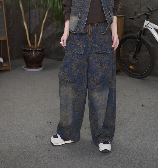 欧货高定高腰显瘦秋季新款重工提花时尚洋气多口袋阔腿牛仔裤女QQ