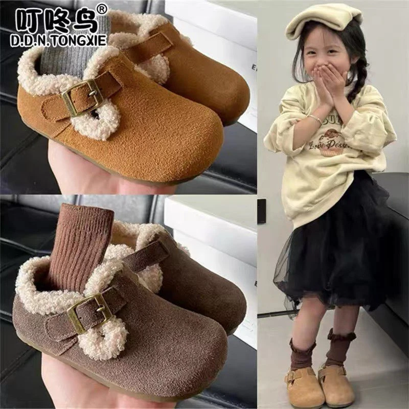 儿童真皮加绒勃肯鞋2025年秋冬潮款女童透气休闲鞋男童简约豆豆鞋