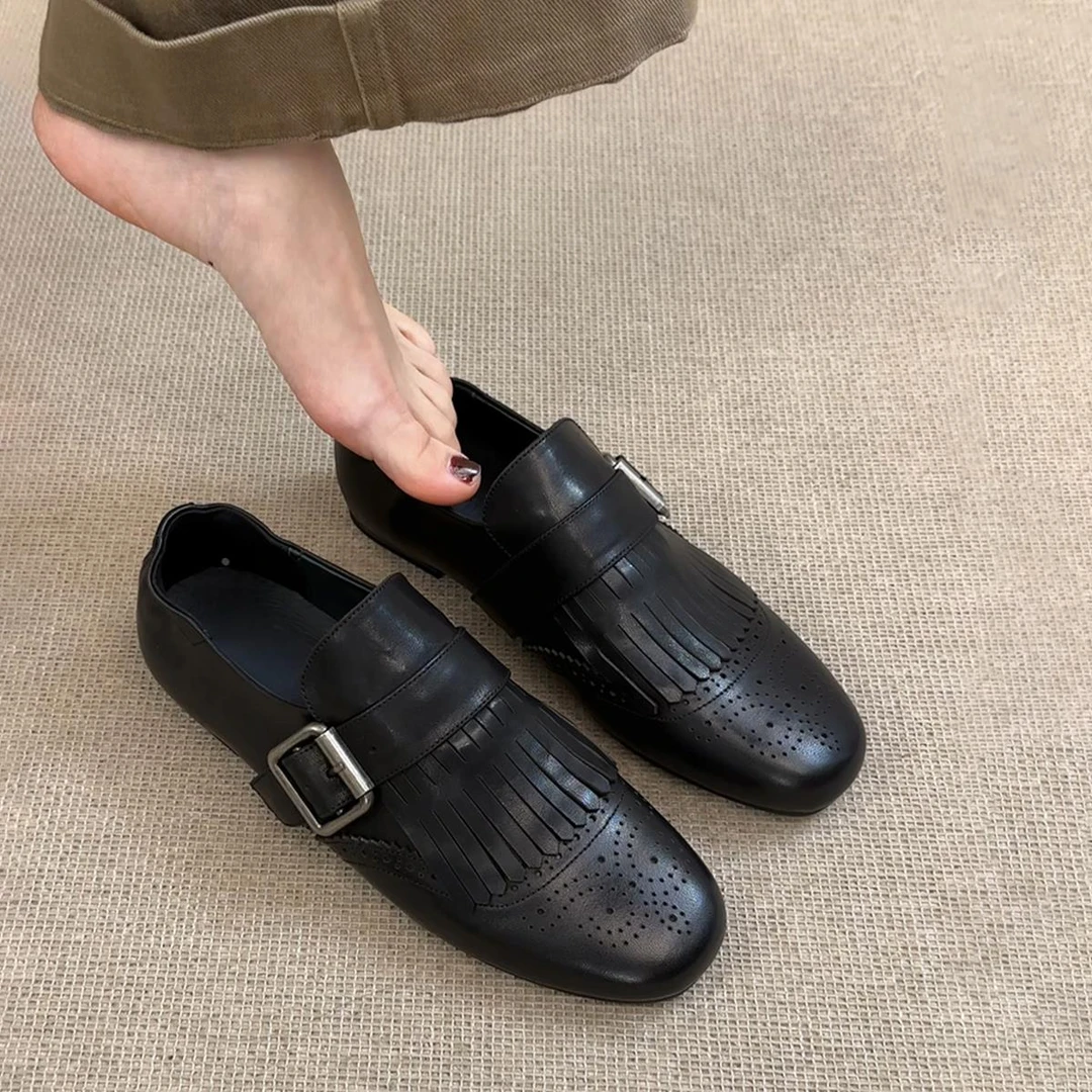 超软~英伦风流苏黑色小皮鞋女复古皮带扣布洛克乐福鞋平底单鞋