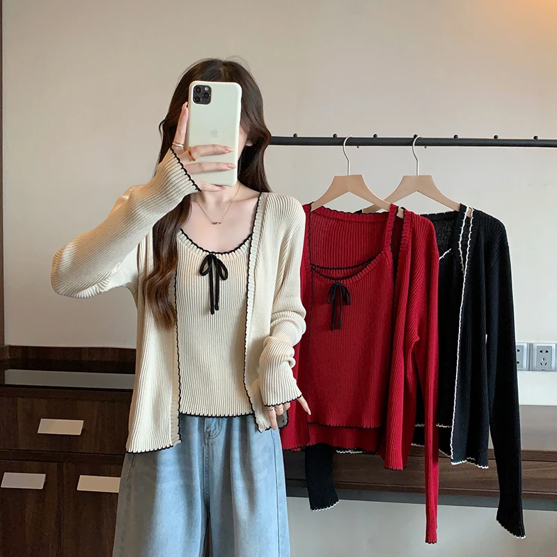 春装新款胖mm大码女甜美蝴蝶结内搭长袖针织开衫套装71599