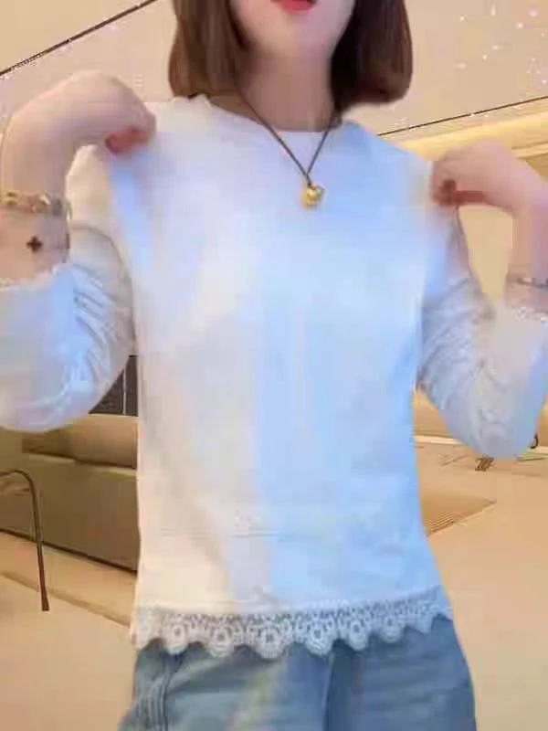 简约纯色拼接蕾丝长袖圆领T恤女2025春秋新款时尚百搭休闲上衣