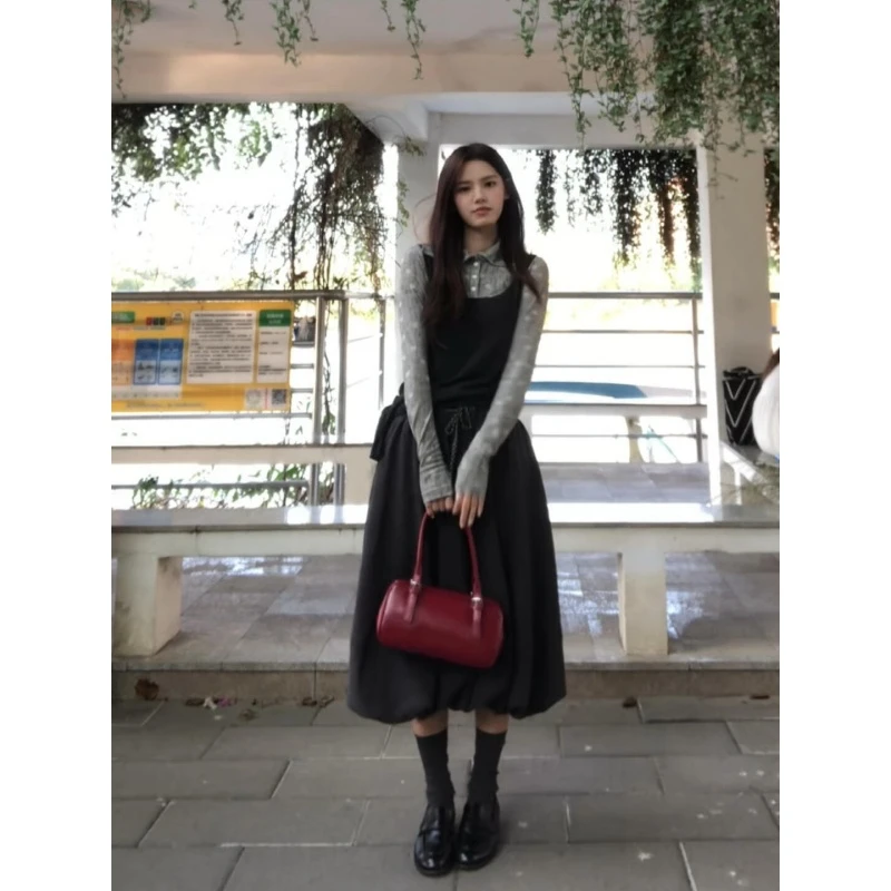 MARIE.COCO韩系文艺风设计感假两件上衣搭高腰A字半身裙气质套装