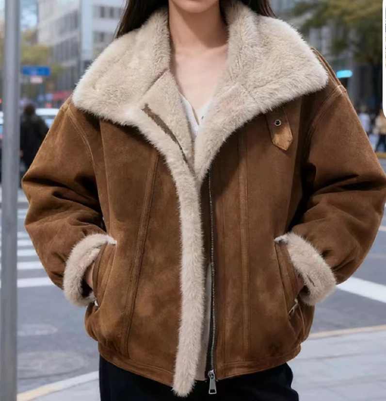 FA110款2025网红同款绒毛一体外套短款微松紧收褶下摆百搭机车服