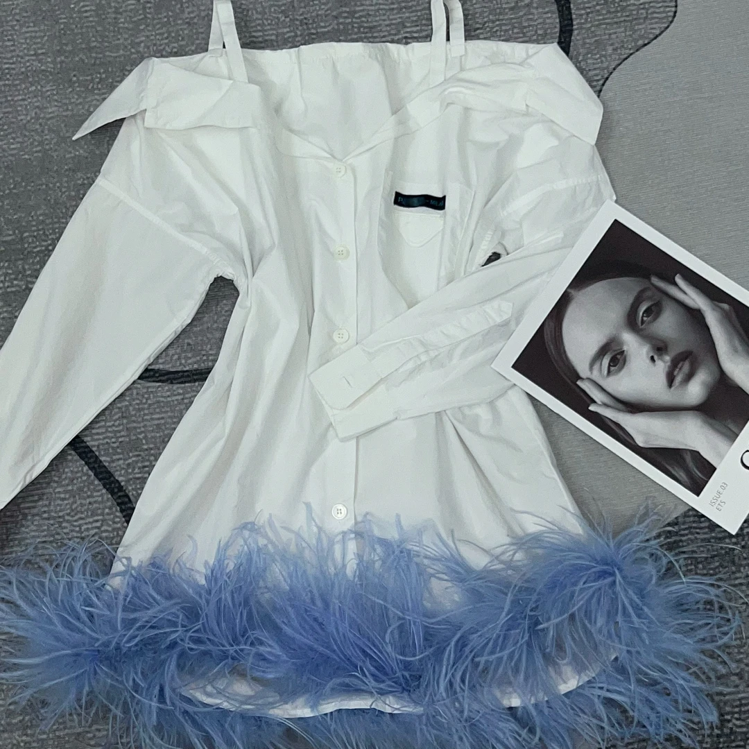 P家进口棉中长款长袖吊带式衬衫衬上衣火烈鸟毛可拆卸_A19