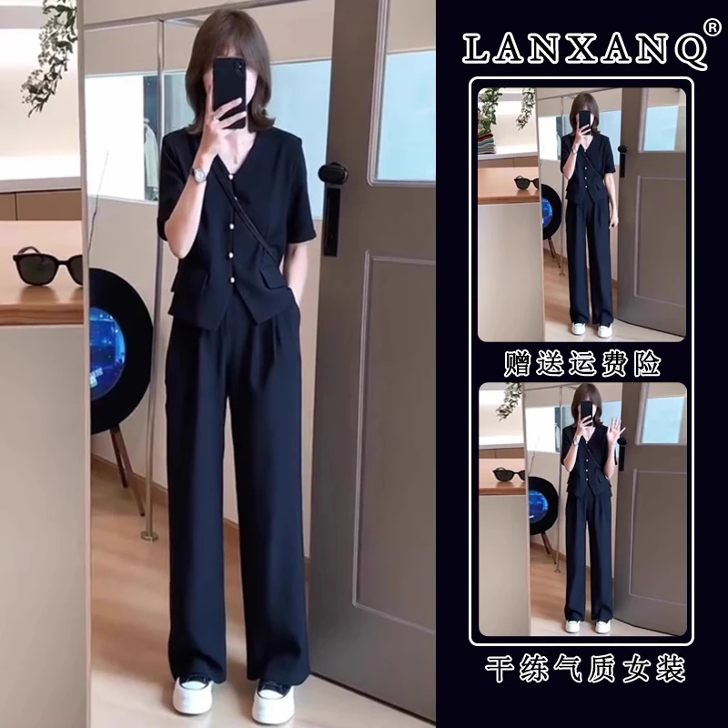 夏季微胖mm显瘦遮肉小香风职业女装衬衫上衣黑色裤子高级感两件套