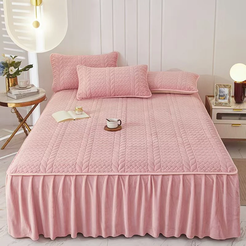 牛奶绒床裙三件套麦穗纯色夹棉防滑床罩床加厚冬季公主风