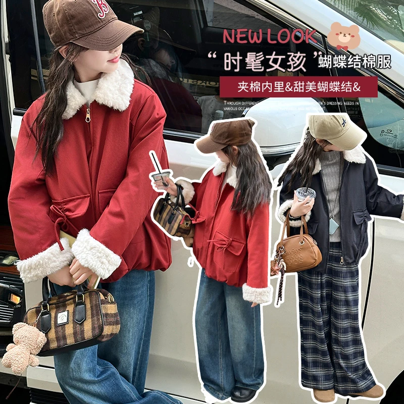 女童夹棉外套秋冬款2025新款中大童女孩冬季加厚派克服连帽上衣潮