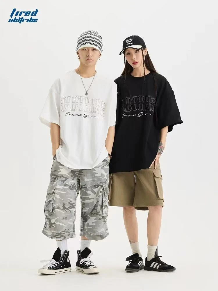 美式潮流重磅双纱纯棉短袖t恤情侣街头上衣国潮百搭体恤-180