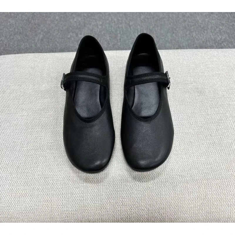 row羊皮玛丽珍单鞋乐福鞋 复古圆头浅口舒适百搭