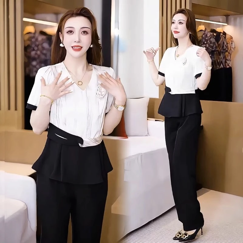 时尚套装女2025夏季新款洋气显瘦上衣气质轻奢高级感阔腿裤两件套