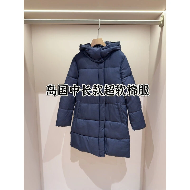 清仓！岛国单 藏青色中长款棉衣棉服连帽外套女