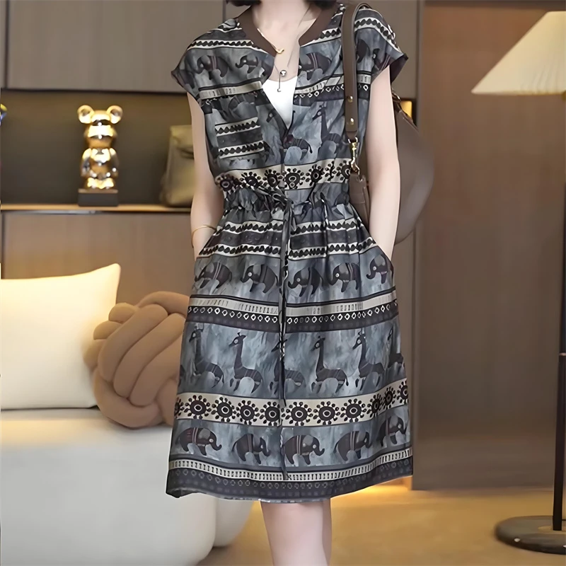 新中式国风印花短袖连衣裙女夏季设计感小众收腰显瘦气质直筒裙子