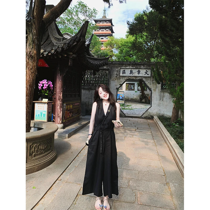 2025新款女士夏季时尚穿搭设计感收腰无袖百搭高腰显瘦阔腿连体裤