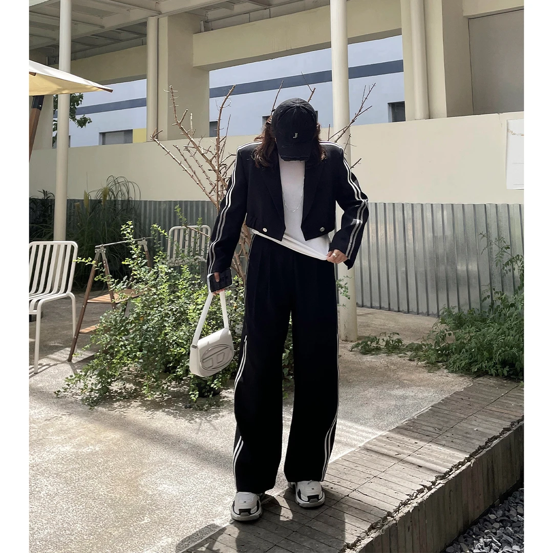 晶咕白标~短款条纹西装外套高腰西装裤套装女秋季大码两件套休闲