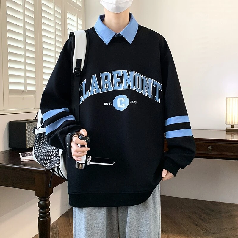 韩版潮流百搭男士长袖宽松套头卫衣春季新款青春流行风翻领字母