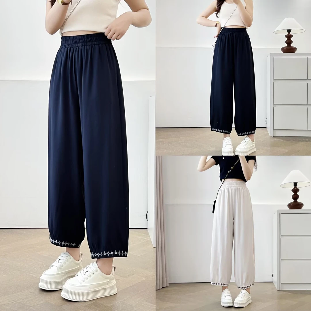 大码女装夏季新款宽松花边直筒裤胖mm高腰显瘦九分裤休闲阔腿裤