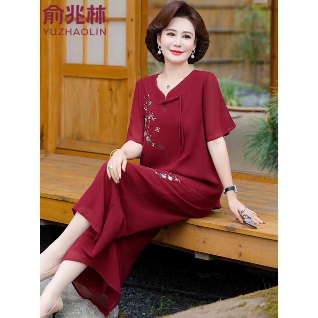 俞兆林母亲节妈妈夏装新中式雪纺套装喜婆婆奶奶夏季短袖t恤上衣