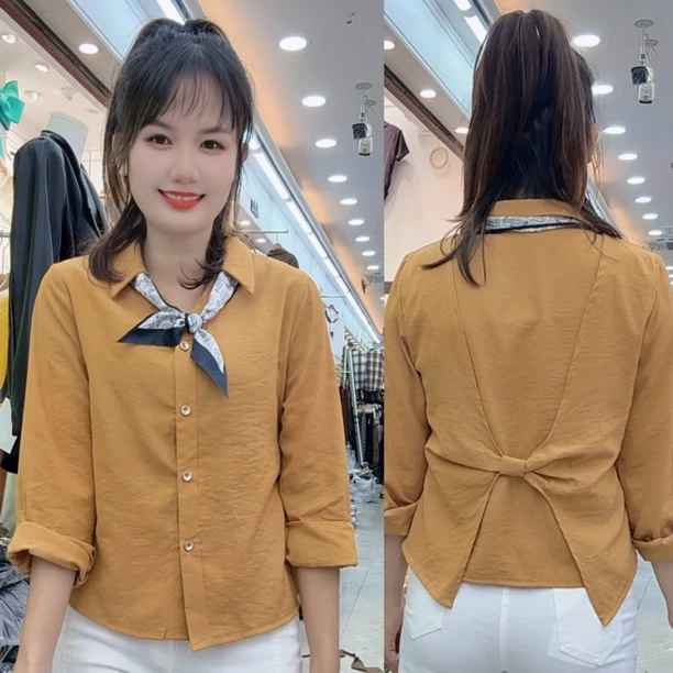 0821（美姿）新款衬衫显瘦长袖后面蝴蝶结时尚女装百搭气气