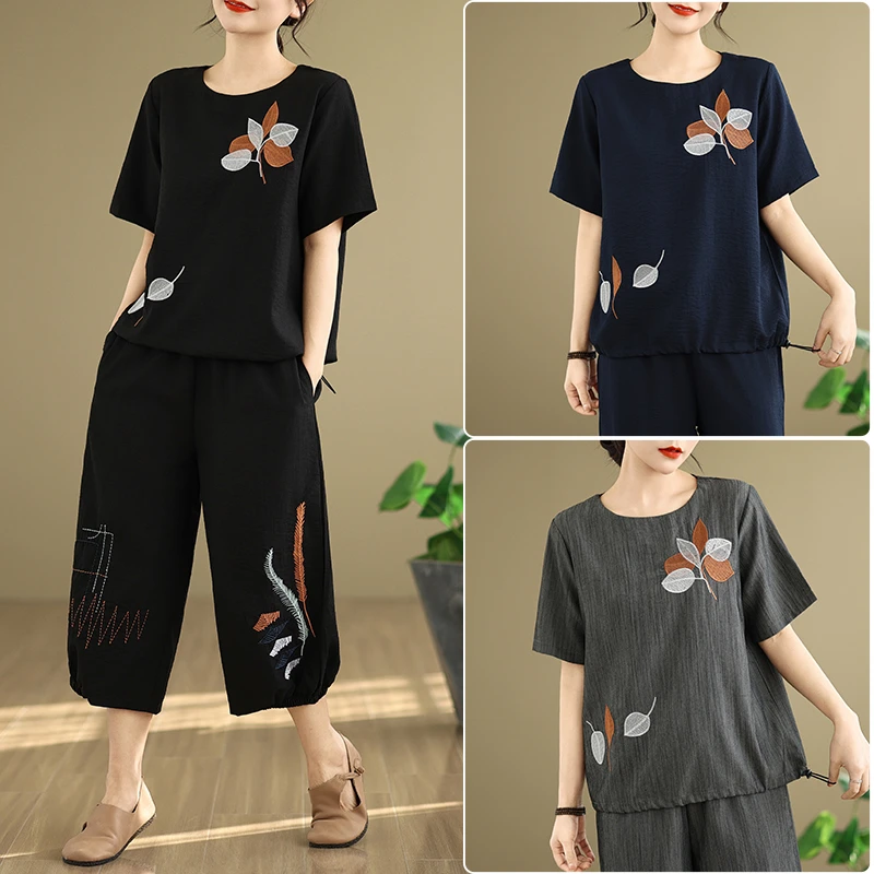 春夏新款文艺休闲套装短袖绣花松紧腰阔腿裤两件套套装