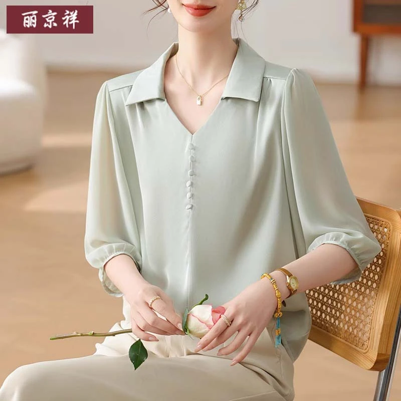 妈妈夏装雪纺T恤2025新款时尚翻领套装中老年女人夏季七分袖上衣